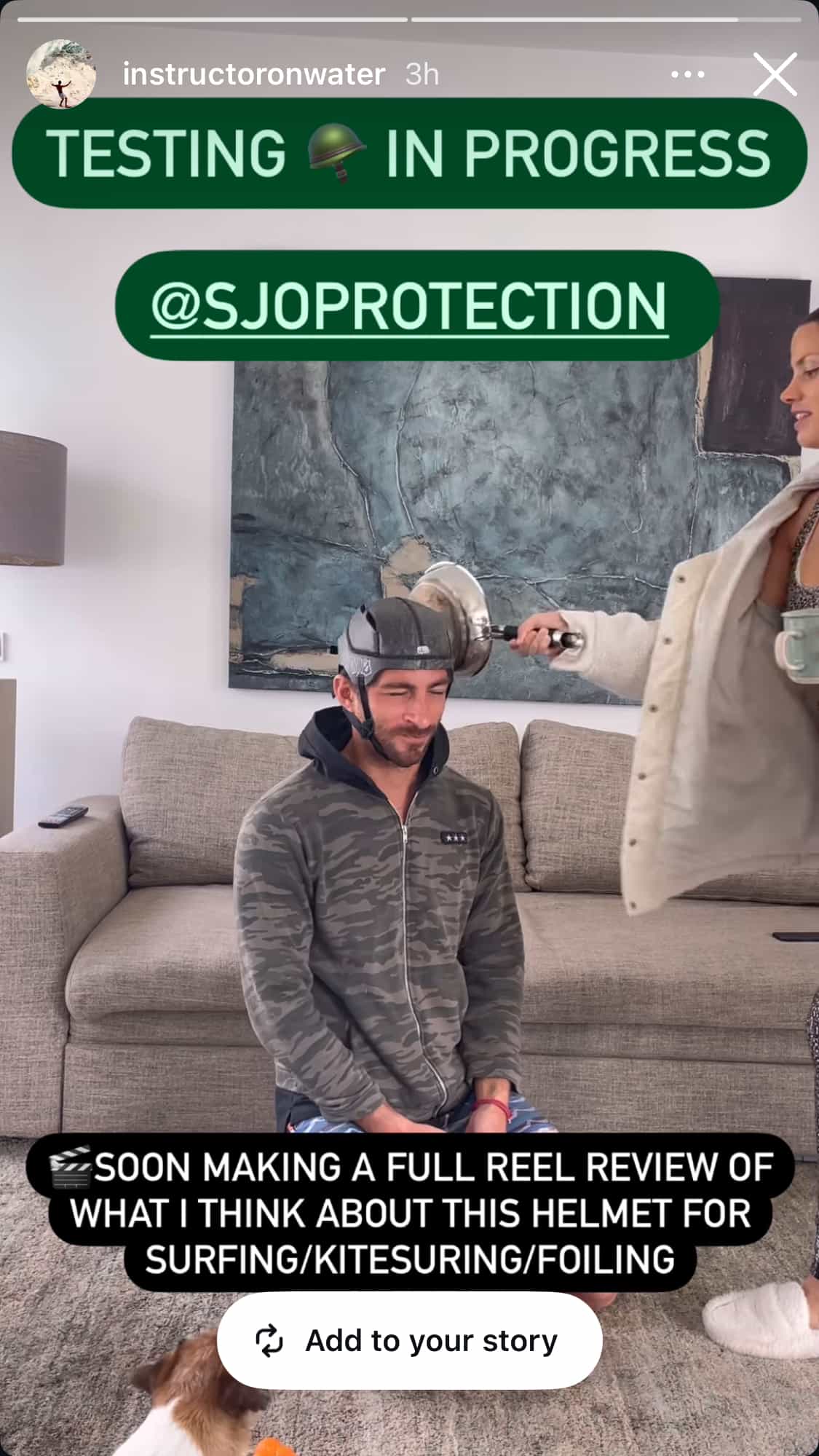 Surfer testing the soft and comfortable surf helmet by being hit in the head with a frying pan.