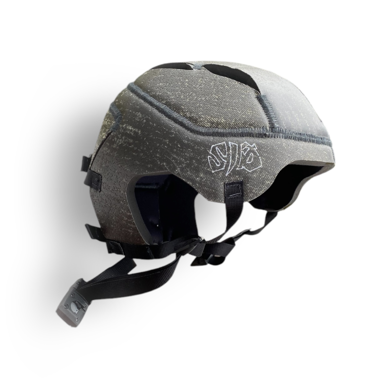 Kevlar reinforced soft surf helmet made by Sjø Protection seen from the side with partially transparent background.